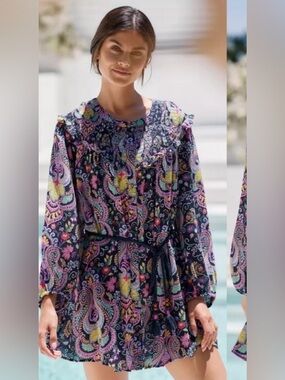 Anthropologie Blue Paisley Waist Tie Mini Long Sleeve Dress Small Boho Fairy